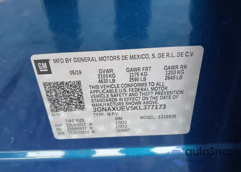 2019 Chevrolet Equinox Lt из США, поврежденный, VIN 3GNAXUEV5KL377173